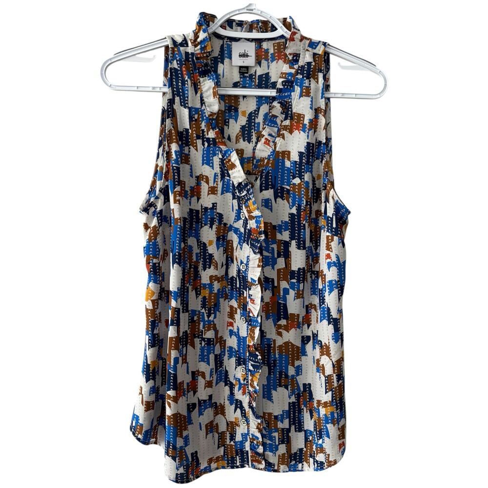 Cabi 6106 Jigsaw Blouse Button Front Ruffle V-Neck Blue Brown White Sz S